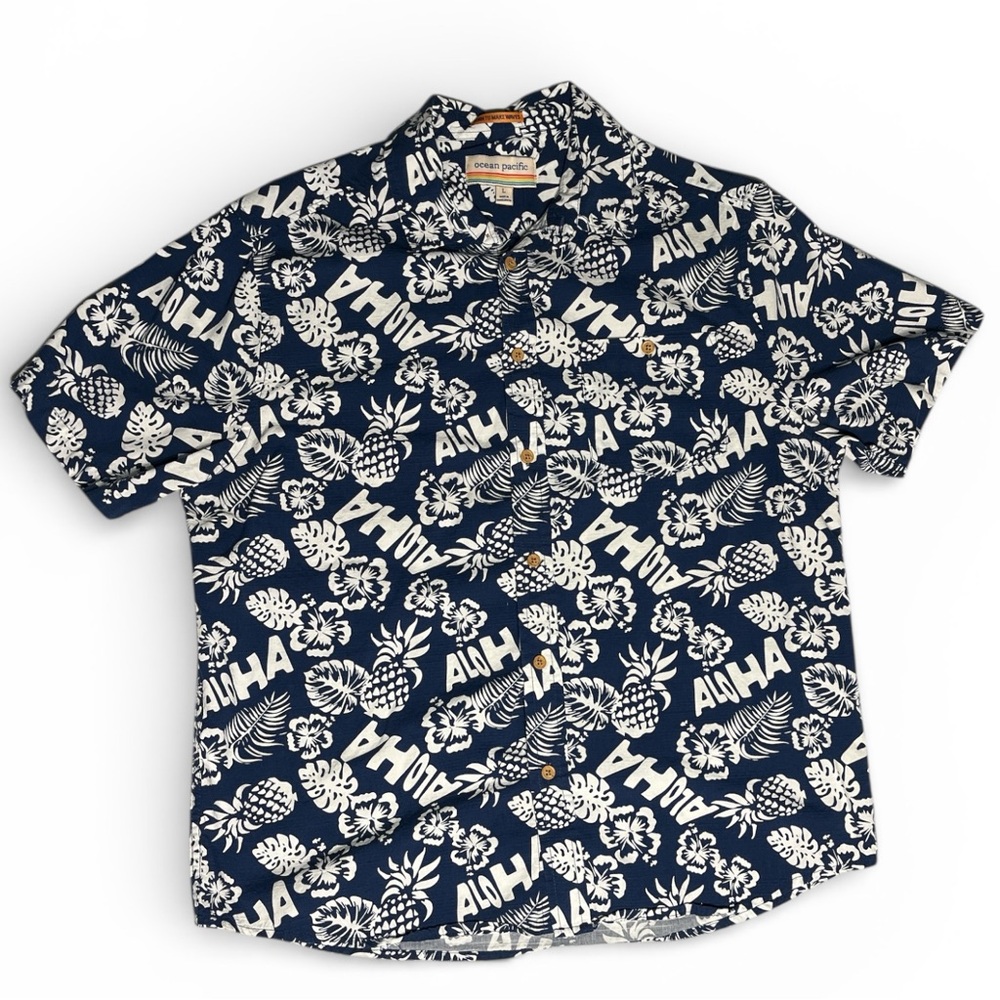 Ocean Pacific Hawaiian Shirt Mens L  Blue Pineapple Aloha Camp Retro Button Up